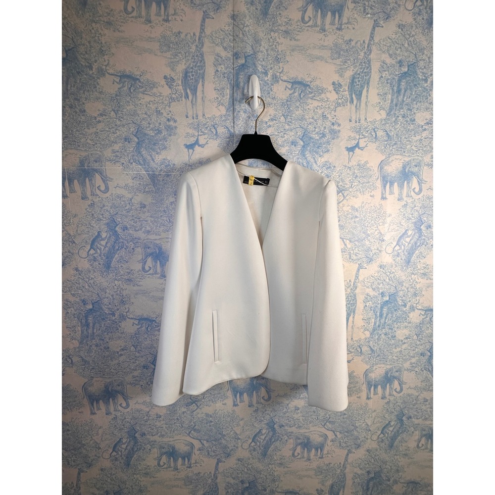 Zara Woman Cream White Open Front Collarless Cape Blazer Jacket Medium - Picture 3 of 6